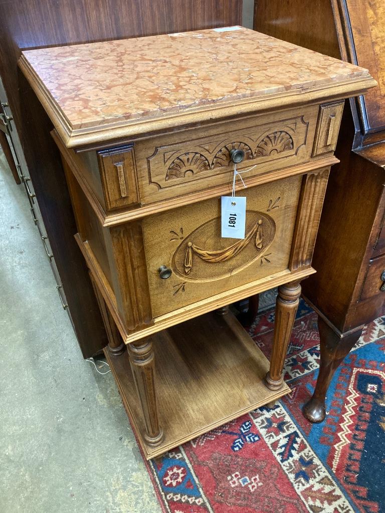 An early 20th century French marble top two tier bedside cabinet, width 42cm, depth 36cm, height 84cm